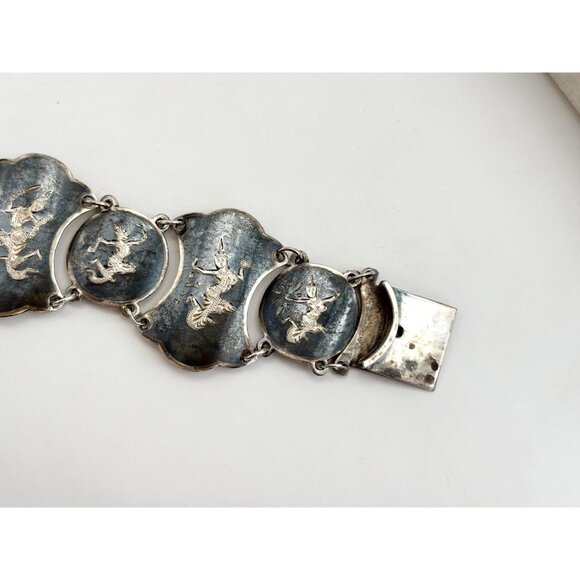 Rare Siam Sterling Silver Chainlink Paneled 30's 925 Vintage Chunky Bracelet - Picture 6 of 15